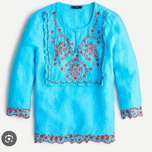 J. Crew Blue Linen Red Embroidered Tunic Blouse